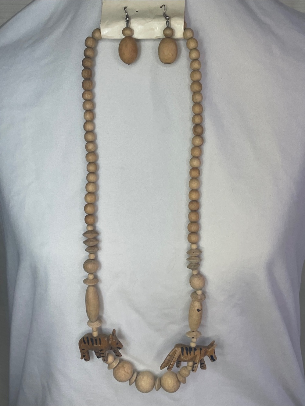 Natural Beige Hand-Carved Wooden Animal Pendant Necklace with Matching Earrings